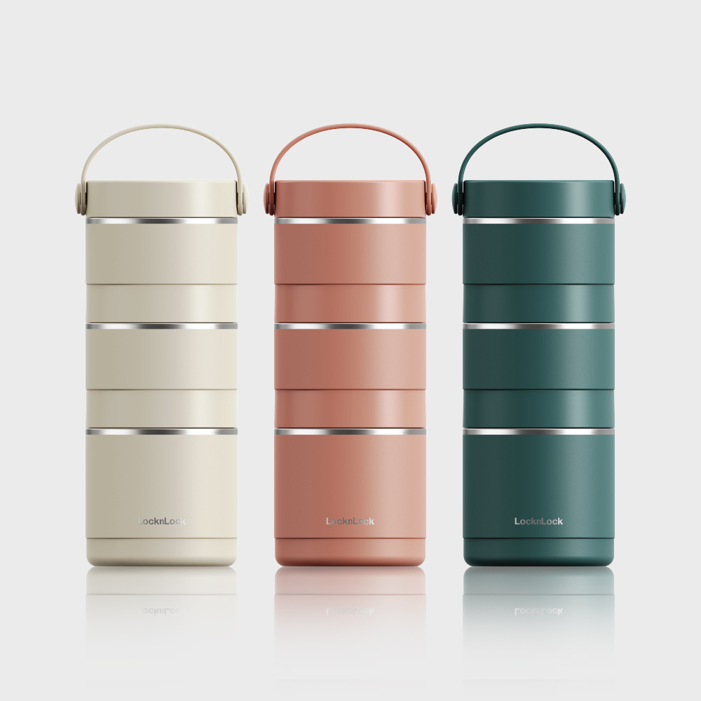 Bộ hộp cơm giữ nhiệt LocknLock Tower Vacuum Lunch Box (380MLx2, 400MLx1) - 3 màu (Be, Nâu, Xanh Lá Đậm) - LHC8058